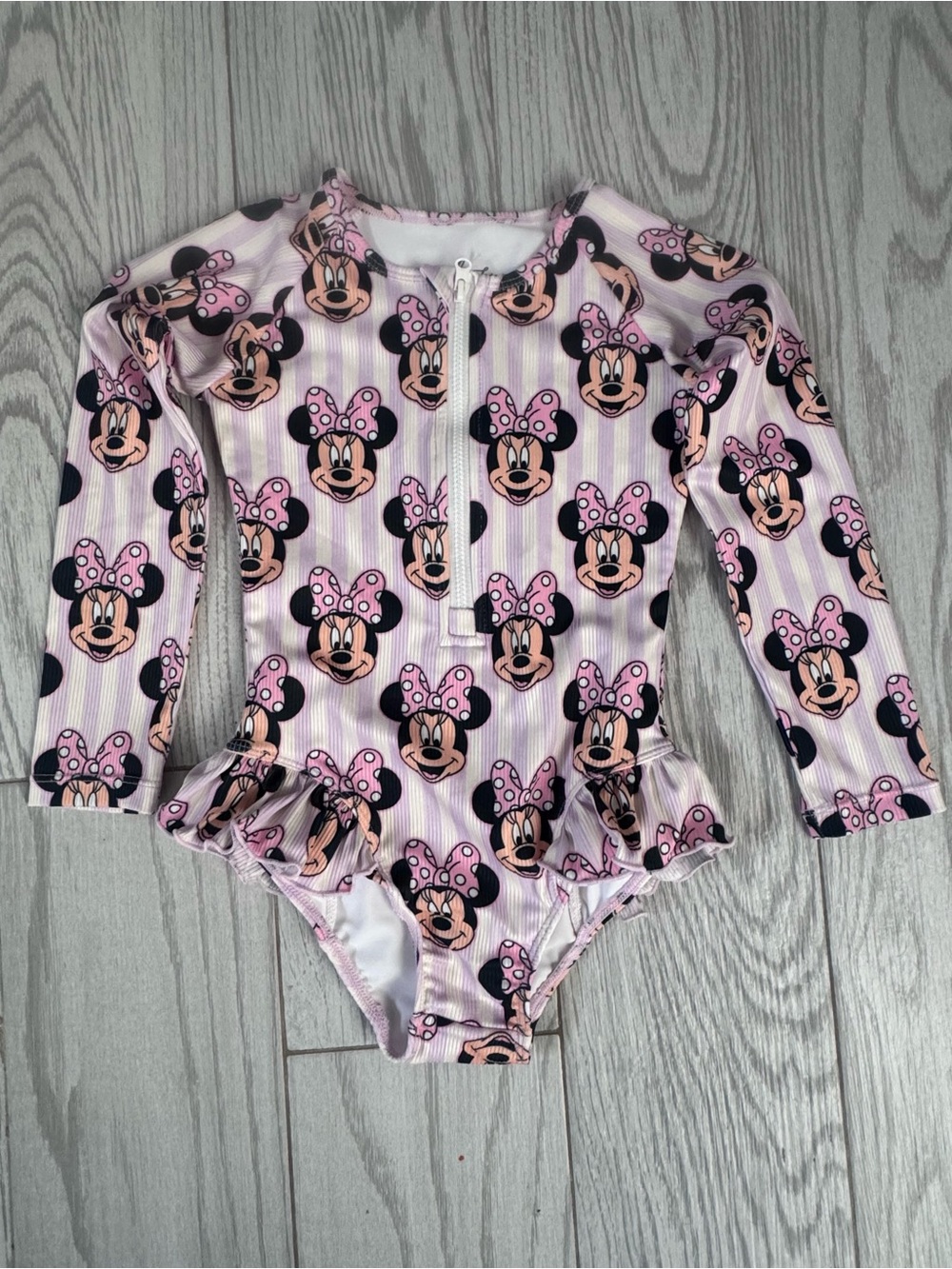 Girls' Pink Long-Sleeve Minnie Mouse One-Piece Swimsuit with Ruffle Skirt